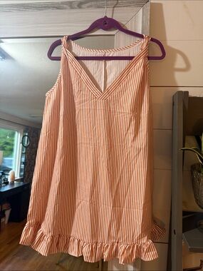 Striped Peach V-Neck Ruffle Hem Mini Dress